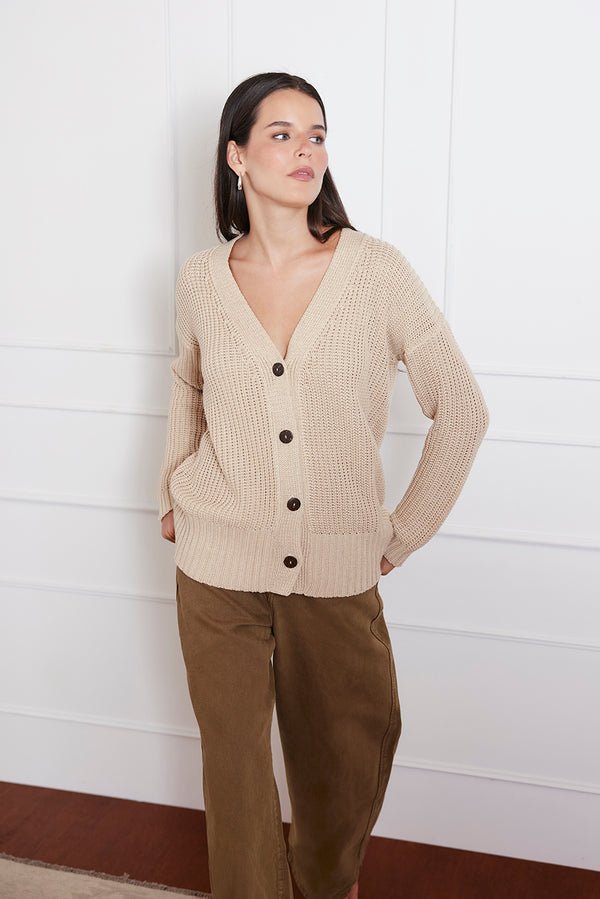Luxury Handknit Cotton Women's Cardigan in Sand | the Emily