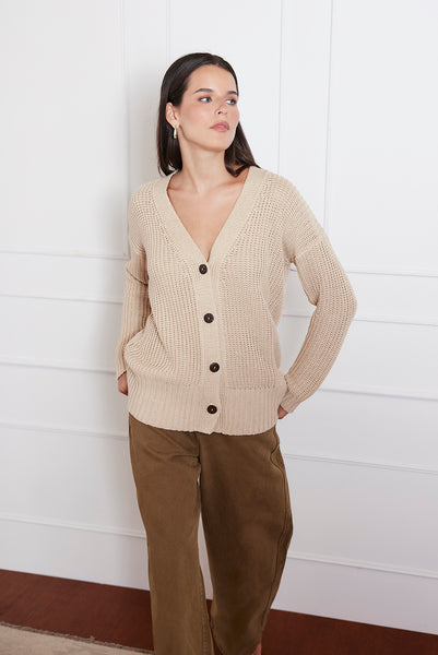 Luxury Handknit Cotton Women's Cardigan in Sand | the Emily