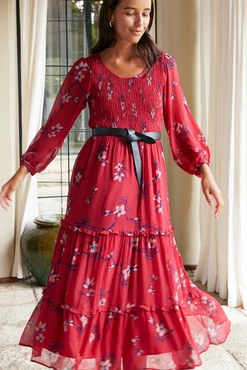 Paneros Clothing | Sustainable Cranberry Floral Print Midi Dress | Red/White, 3/4 Sleeve, Lined, Smocked