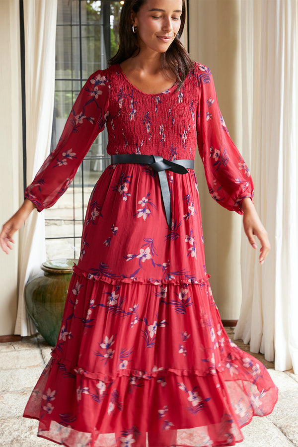 Paneros Clothing | Sustainable Cranberry Floral Print Midi Dress | Red/White, 3/4 Sleeve, Lined, Smocked