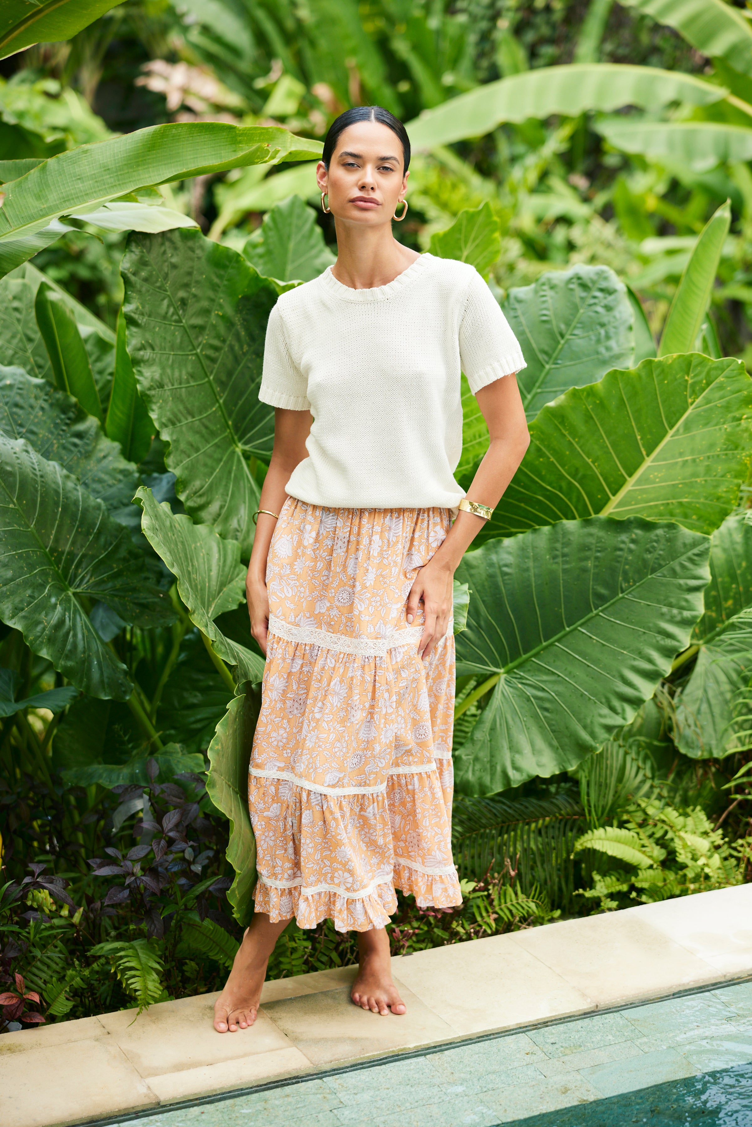 Sustainable & Luxurious Orange Floral Lace Inset Midi Skirt | the