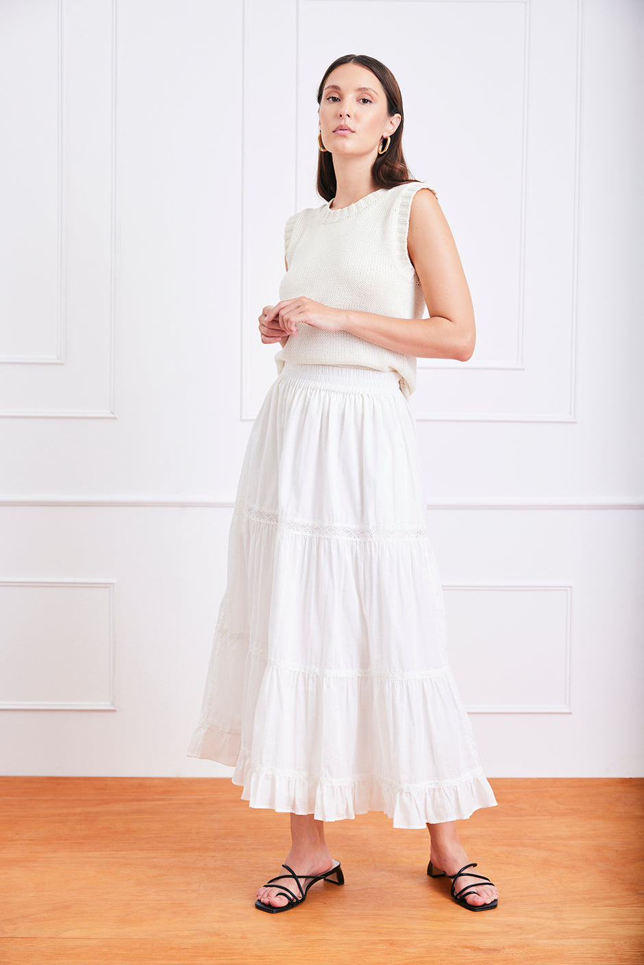 Sustainable & Luxurious White Lace Inset Midi Skirt | the