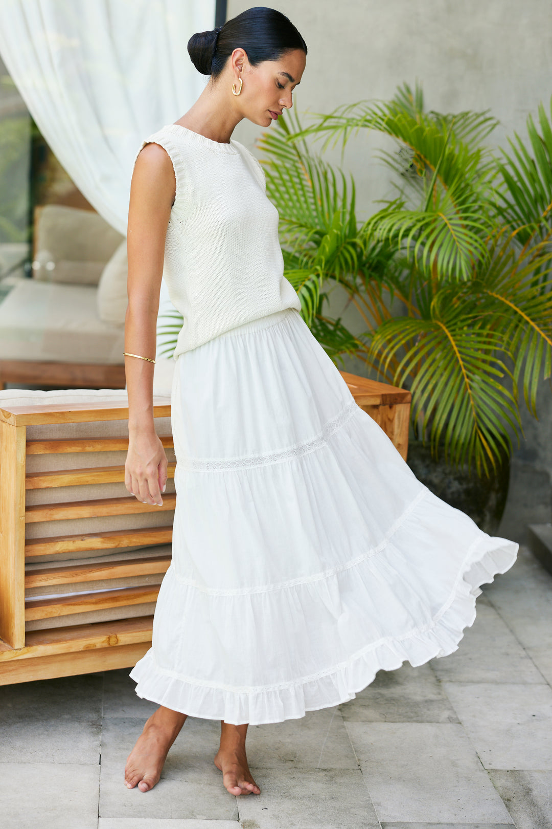 white dress skirt Paneros Clothing | Sustainable Off White Lace Inset Midi Skirt | Relaxed-fit, Tiered, Pull-On Skirt w/ Pockets