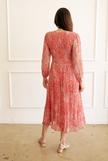 midi red dress with sleeves Paneros Clothing Stella Midi Dress in Chili Flower