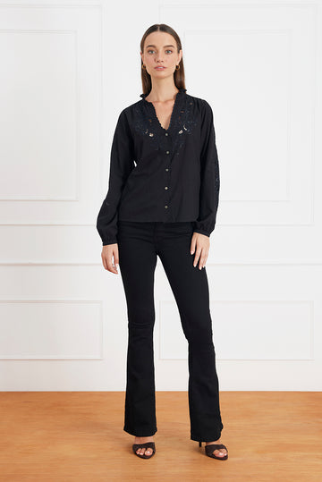 Blouse Noire En Polyester - Taille 46 - Occasion Très Bon état - Col V - Manches Longues