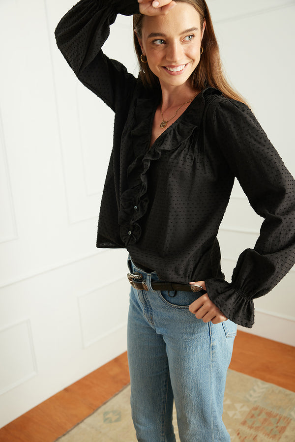 トップス LOHEN DOUBLE BUTTON BLOUSE Shop Sustainable Women's Cotton Swiss Dot Blouse in Black | the