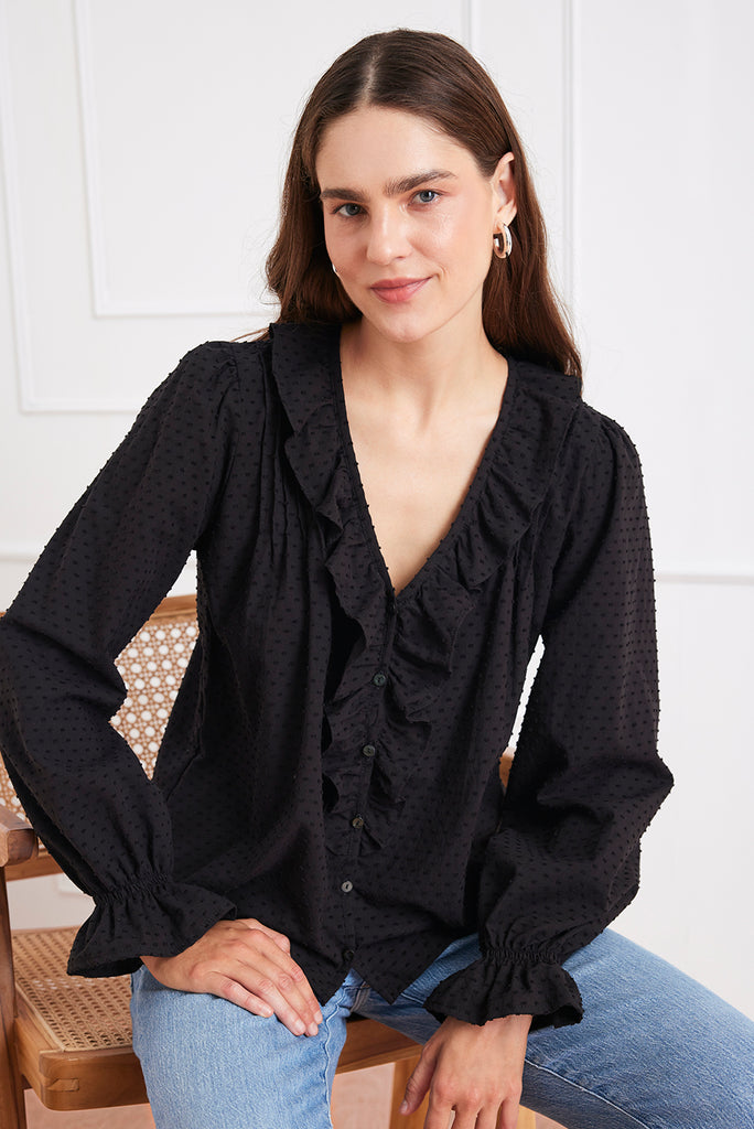 Shop Sustainable Women's Cotton Swiss Dot Blouse in Black | the