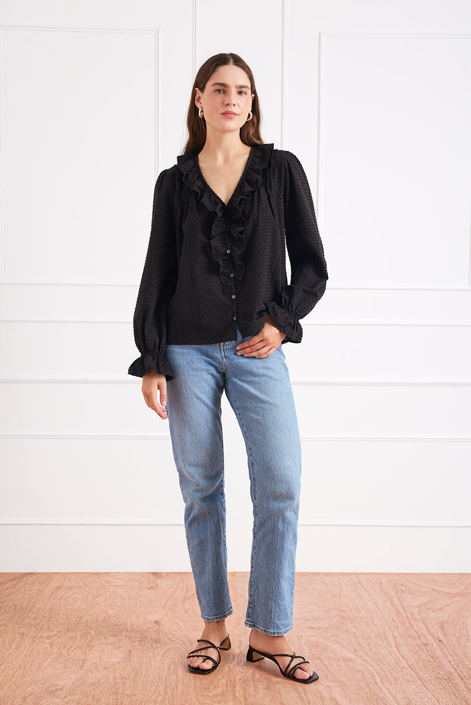 Shop Sustainable Women's Cotton Swiss Dot Blouse in Black | the