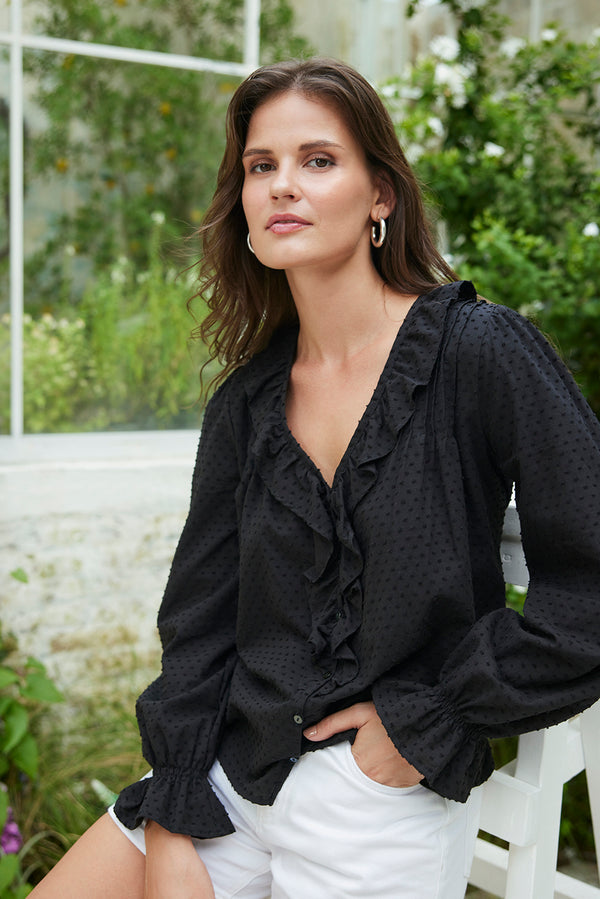 Shop Sustainable Women's Cotton Swiss Dot Blouse in Black | the