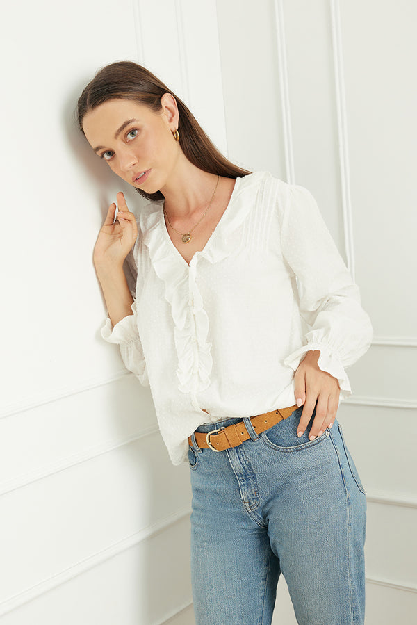 Shop Sustainable Women's Cotton Swiss Dot Blouse in Off White