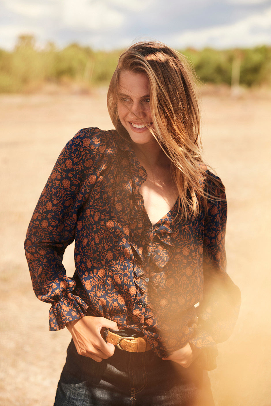 Long Sleeve Chloe Shirt in Navy Batik