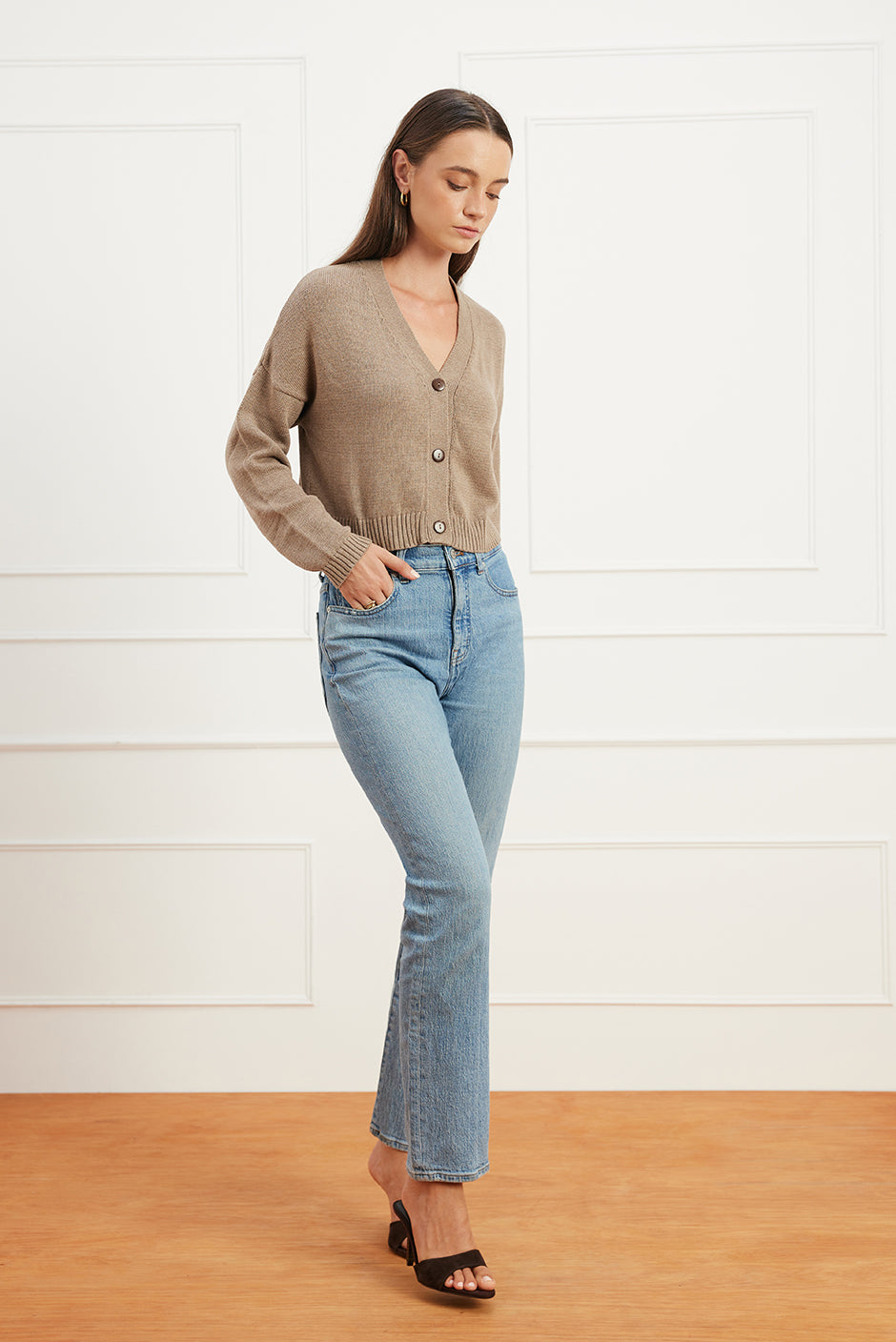 Luxury Handknit Cotton Cropped Women's Cardigan in Mocha| the