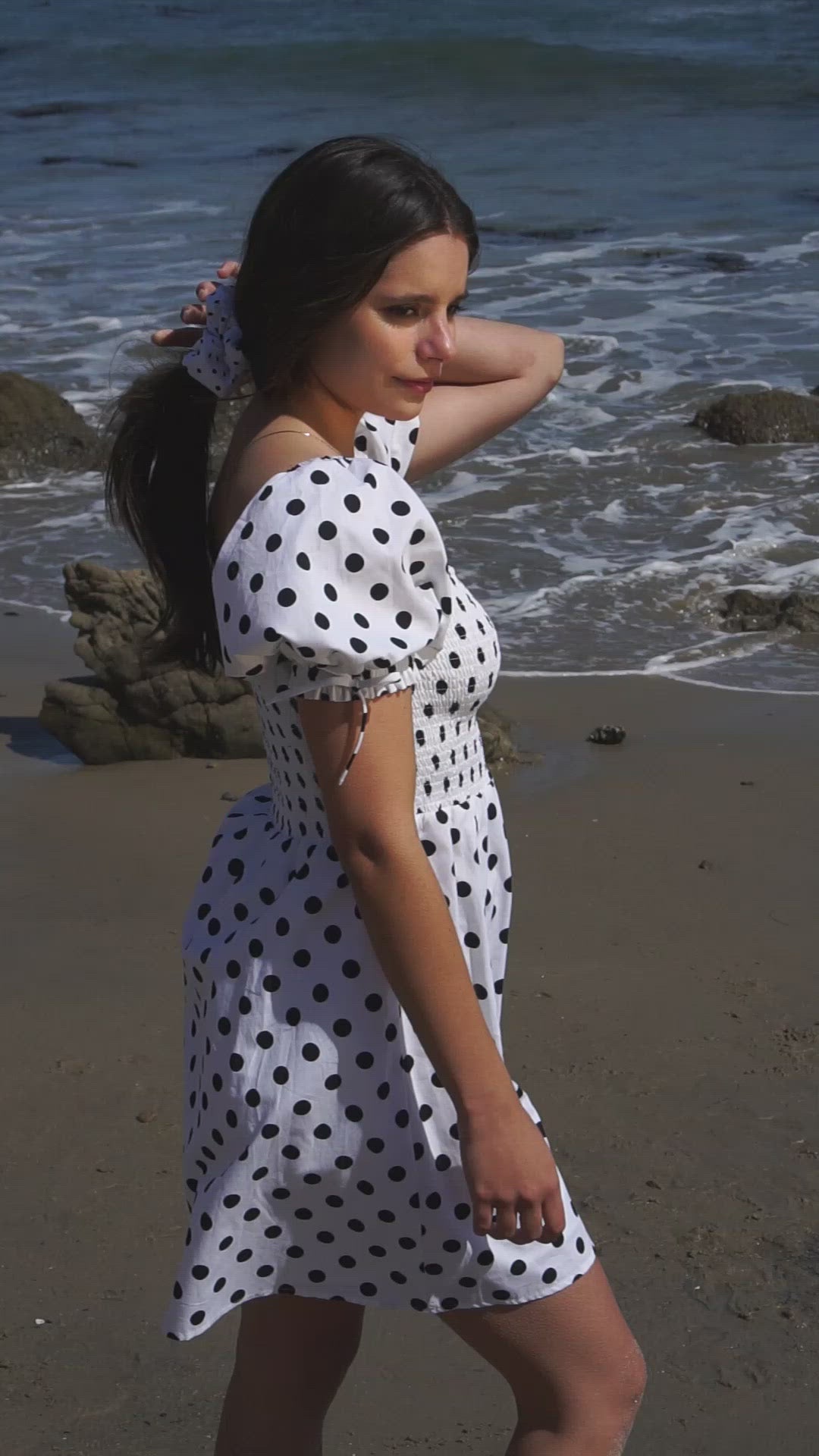 Beverly Mini Dress in Polka Dot print for women by Paneros Clothing. From sustainable deadstock cotton poplin. Video.