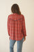 Red Boho Print Spring/Summer 2023 Anna Shirt from Paneros Clothing with button-up front and long sleeves. Back View.