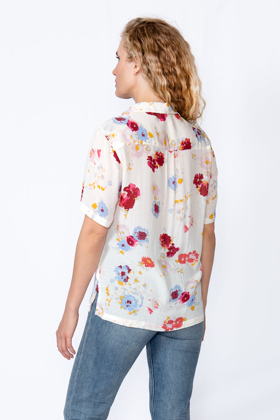 Beaded Kaia Shirt in Prairie Bloom print for women by Paneros Clothing. Hand beaded button up top from deadstock rayon. Back View.