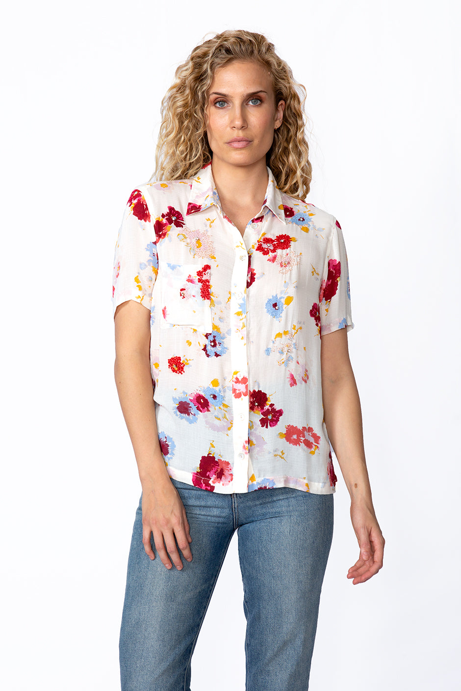 Beaded Kaia Shirt in Prairie Bloom print for women by Paneros Clothing. Hand beaded button up top from deadstock rayon. Front View.
