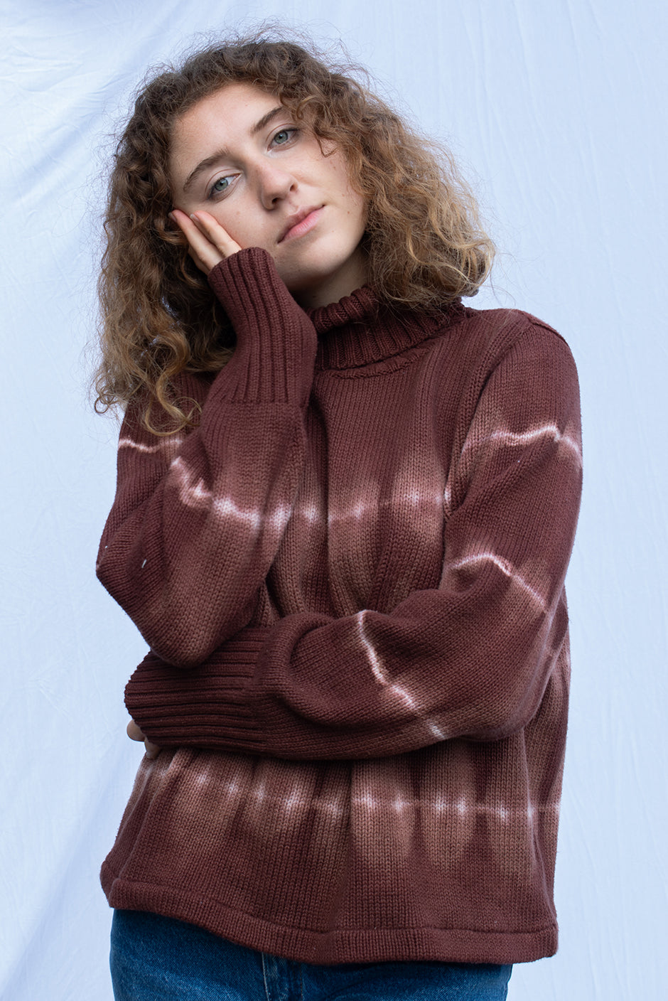 Black Cherry Revival turtleneck sweater for women by Paneros Clothing. Handmade Tie-Dye Upcycled from sustainable cotton. Front View.
