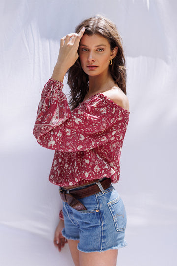 Blouse | Red - Floral Paneros Sustainable Clothing Ethical the Print Top Luxury & Canyon