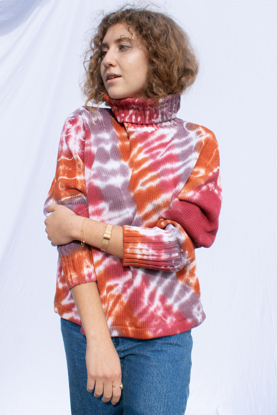 Fiesta Revival turtleneck sweater for women by Paneros Clothing. Handmade Tie-Dye Upcycled from sustainable cotton. Front View.