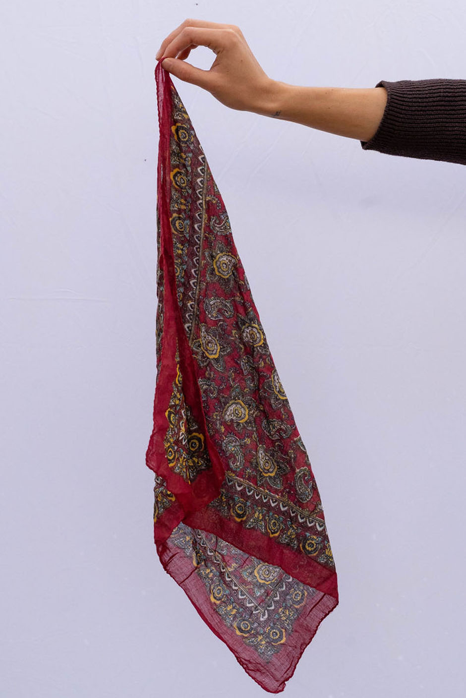 Vintage Freya bandana in Berry Red handcrafted in India Featuring a multicolor paisley print for women by Panero Clothing. Full view.