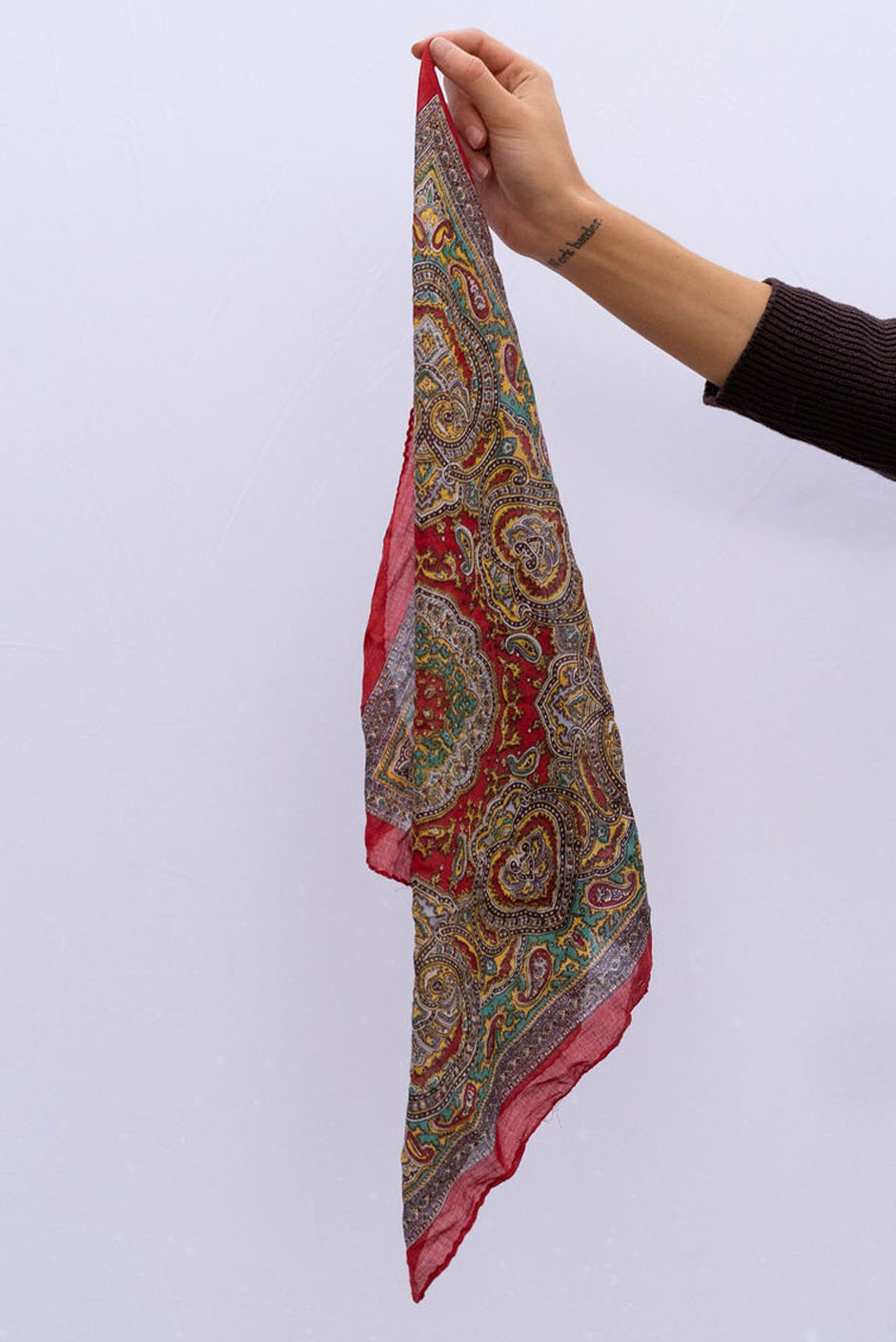 Vintage Freya bandana in Chilli Red handcrafted in India Featuring a multicolor paisley print for women by Panero Clothing. Full view.