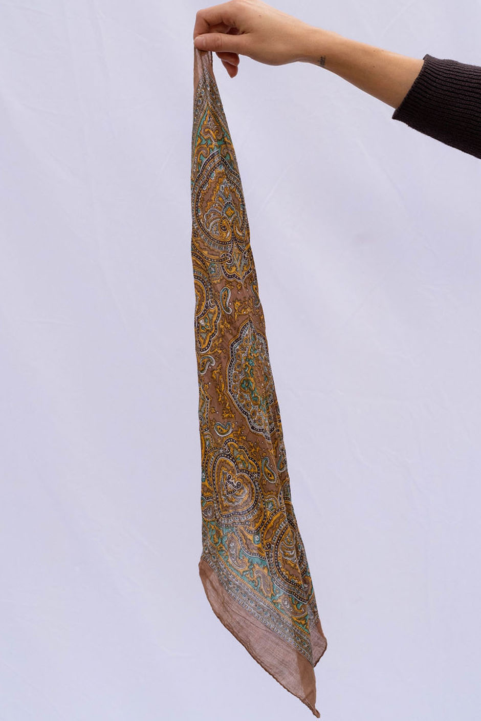 Vintage Freya bandana in Latte Brown handcrafted in India Featuring a multicolor paisley print for women by Panero Clothing. Full view.