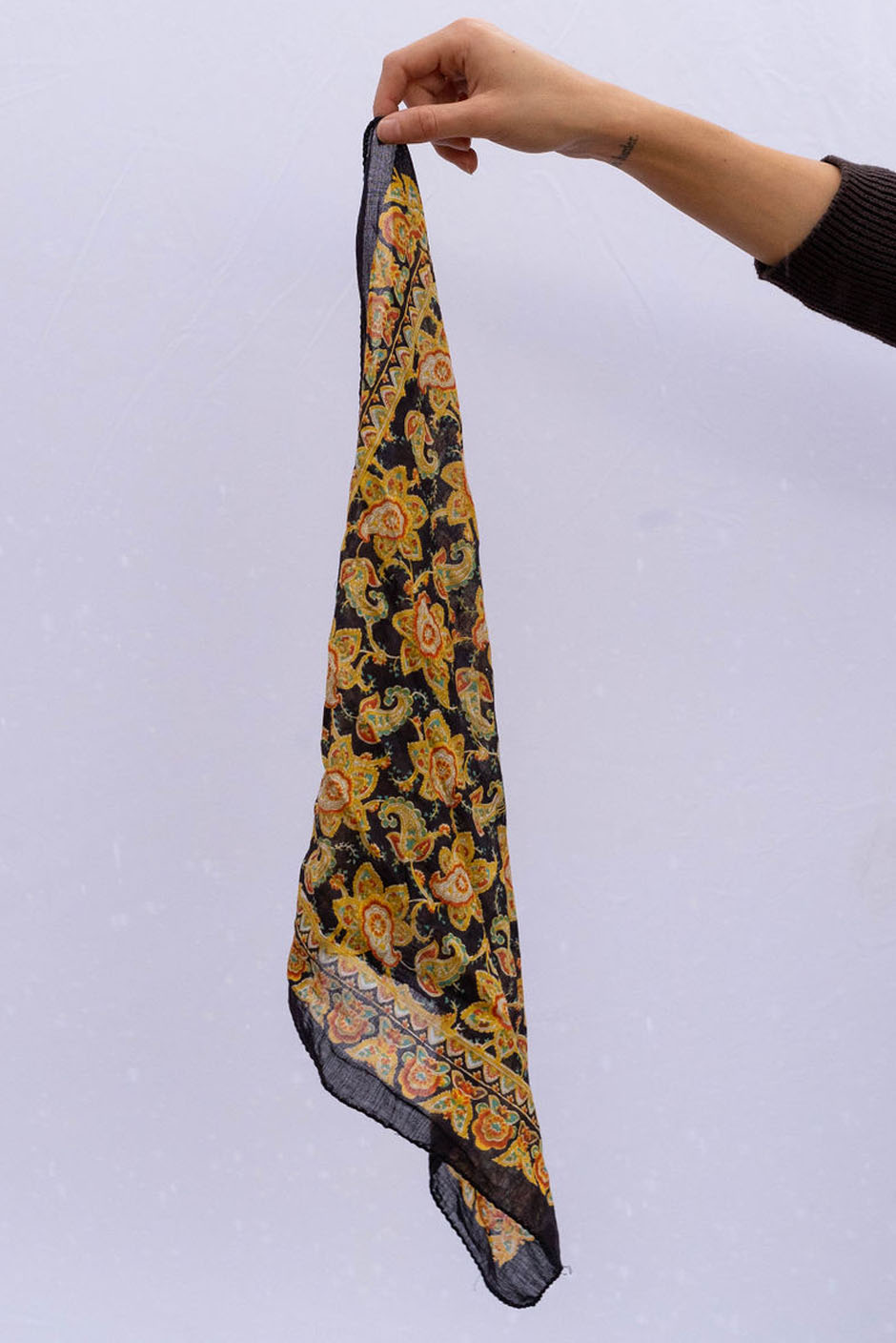 Vintage Freya bandana in Noir handcrafted in India Featuring a multicolor paisley print for women by Panero Clothing. Full view.