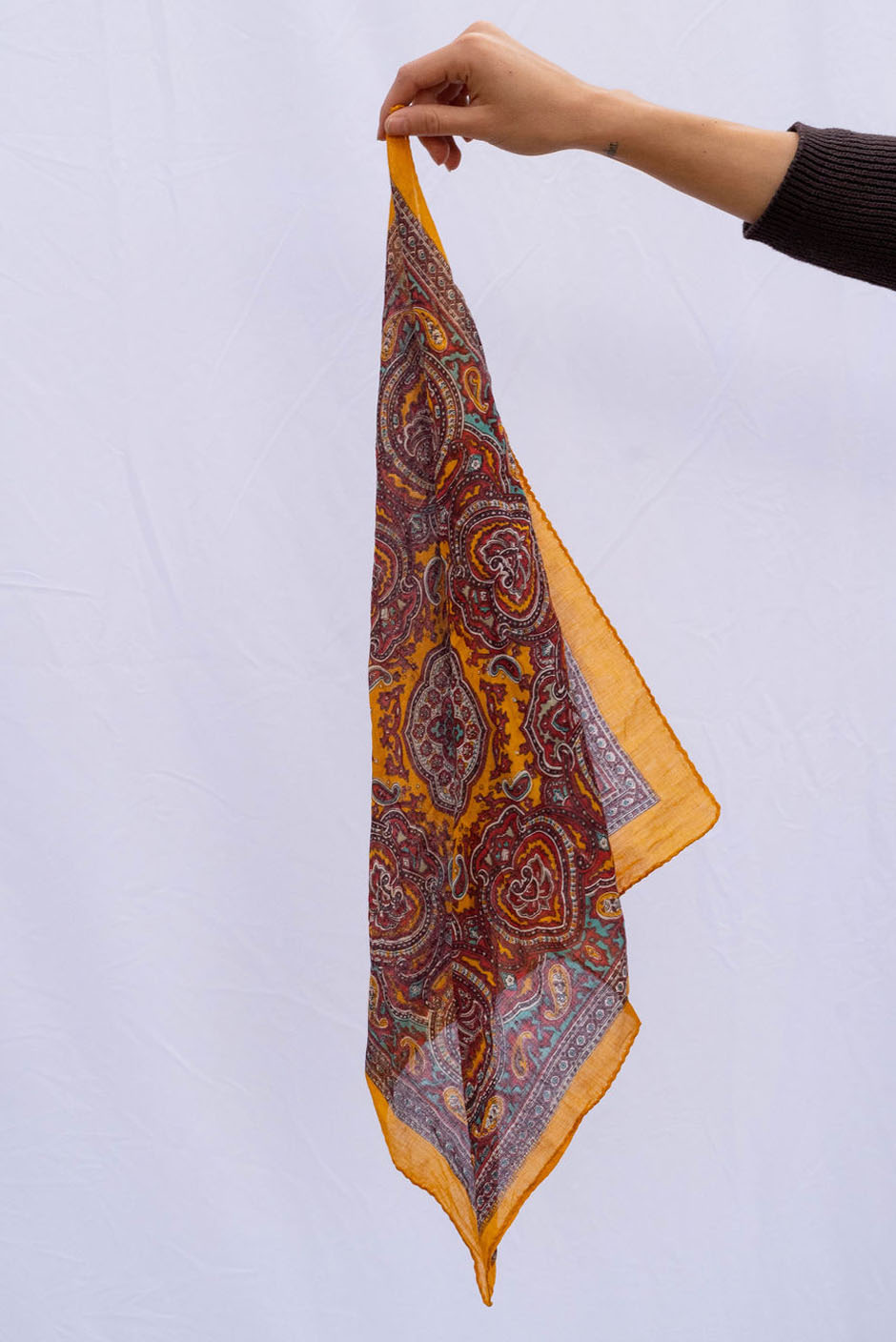 Vintage Freya bandana in Tumeric Gold handcrafted in India Featuring a multicolor paisley print for women by Panero Clothing. Full view.