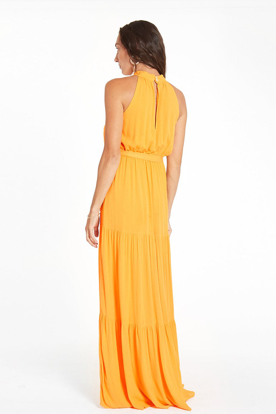 Gia Maxi Dress in Mango Orange for women by Paneros Clothing. Back View.