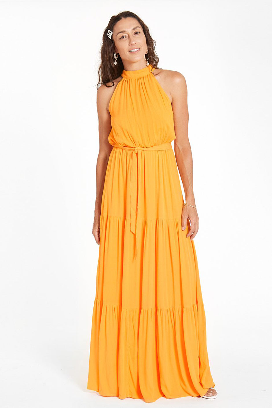 Gia Maxi Dress in Mango Orange for women by Paneros Clothing. Front View.