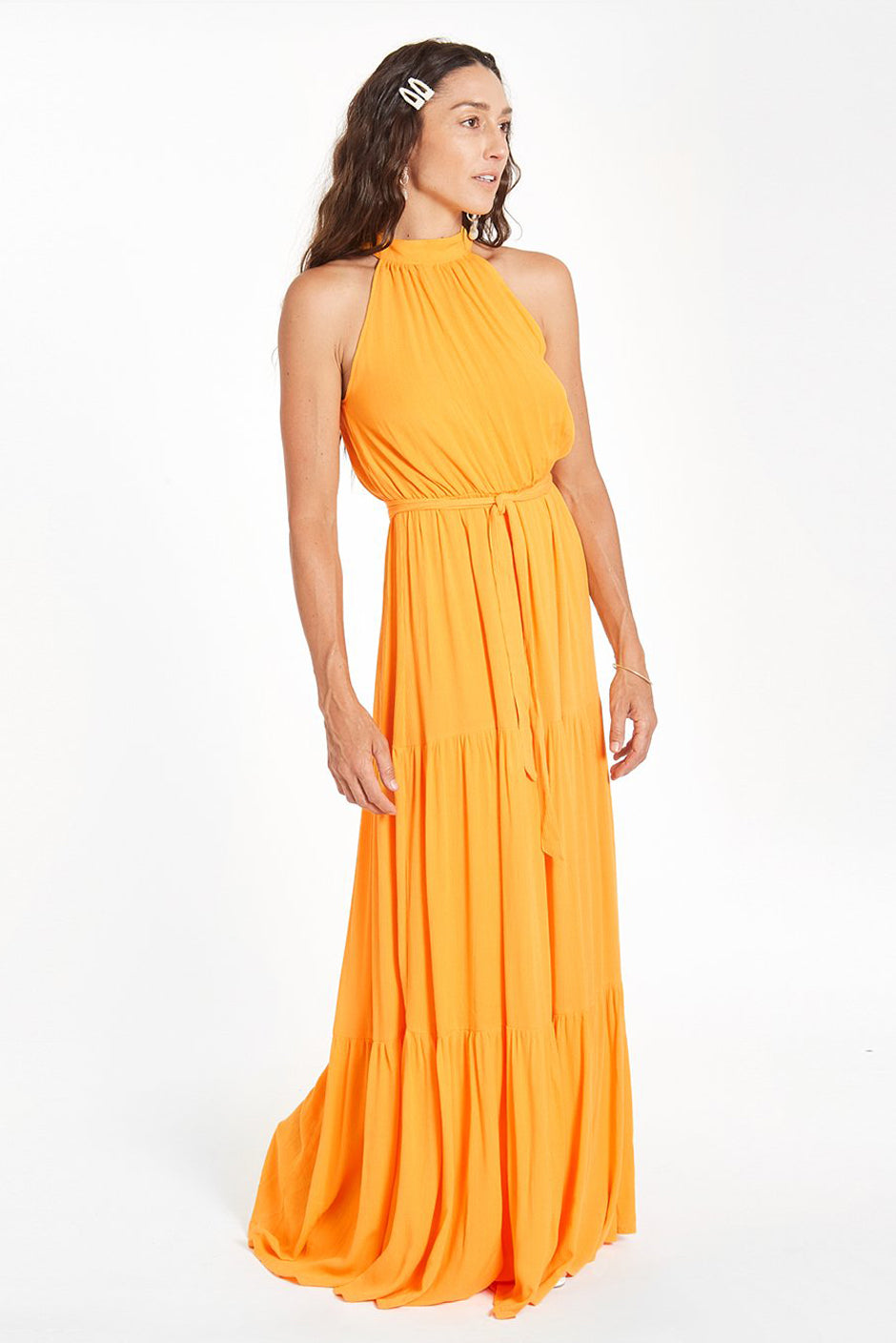 Gia Maxi Dress in Mango Orange for women by Paneros Clothing. Side View.