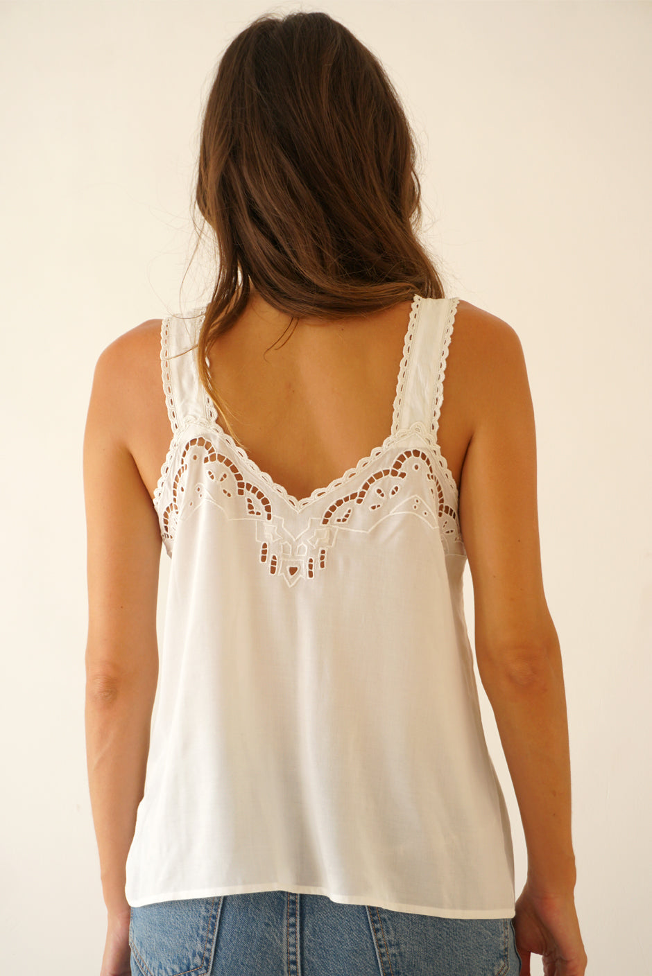 White Iris Camisole Tank-Top for Women with Embroidery detail and wide straps from Paneros Clothing. Back View with embroidery detail on back.