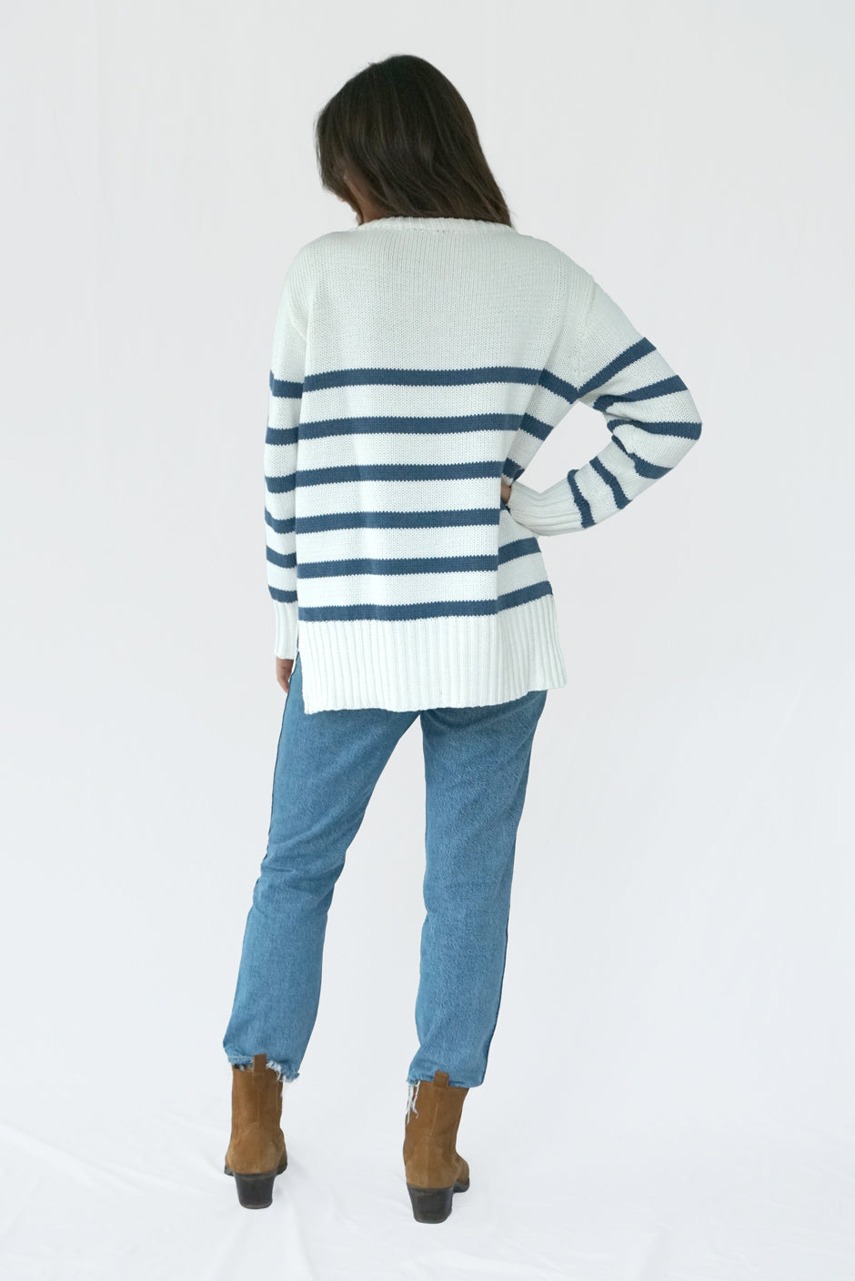 White/Blue Striped Long Sleeve Women's Cotton Sweater Tunic from Paneros Clothing with 100% certified sustainable natural Cotton & side slits. Back View.