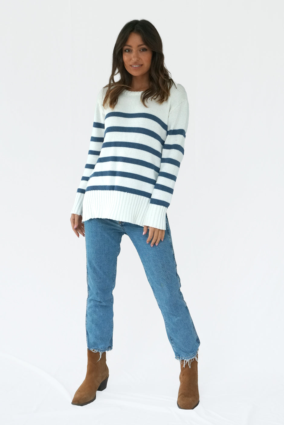 Sustainable Handknit Cotton White/Blue Striped Sweater Tunic: the