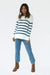 White/Blue Striped Long Sleeve Women's Cotton Sweater Tunic from Paneros Clothing with 100% certified sustainable natural Cotton & side slits. Front View Standing.