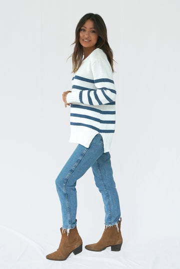 Sustainable Handknit Cotton White/Blue Striped Sweater Tunic: the Jodi -  Paneros Clothing