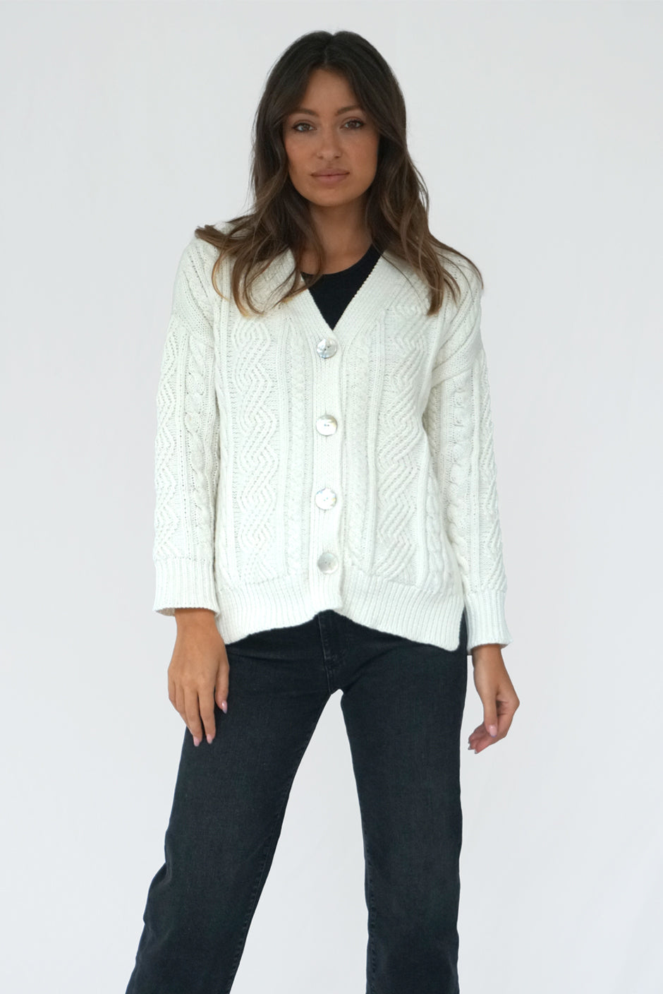 Cotton cable knit cardigan womens best sale