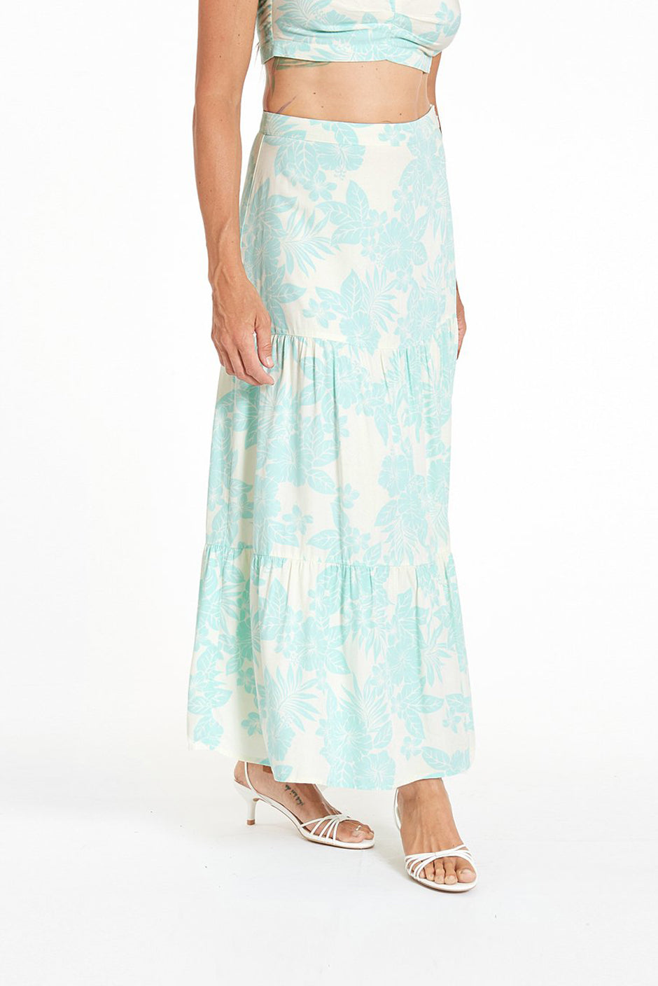 Melody Tiered Skirt in Hawaiian Print for women by Paneros Clothing. Front View.