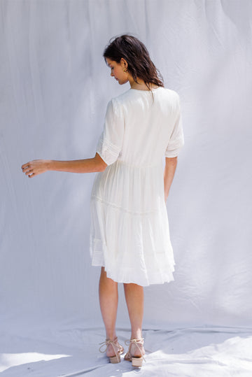 Ethical & Sustainable White Flowy Mini Dress: the Magnolia - Paneros Clothing Ethical & Sustainable White Flowy Mini Dress: the Magnolia - Paneros Clothing
