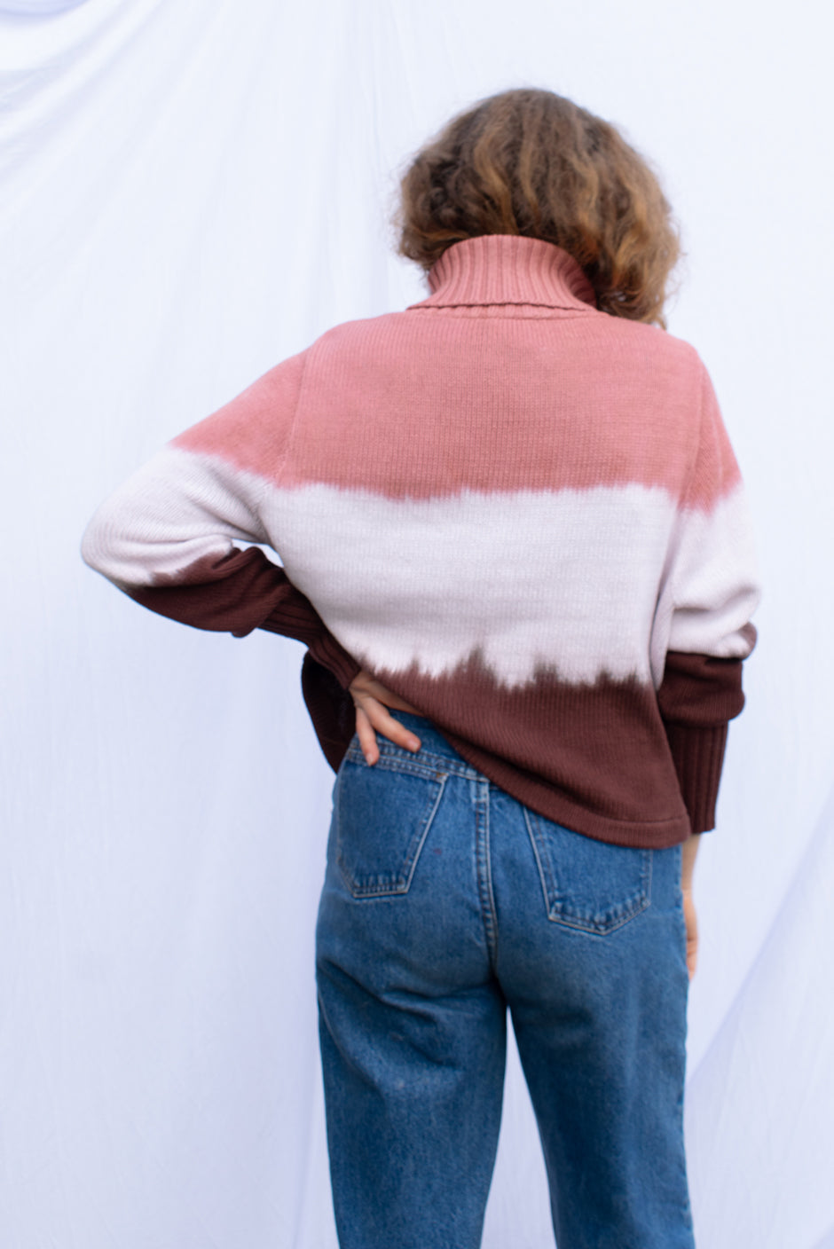 Neopolitan Revival turtleneck sweater for women by Paneros Clothing. Handmade Tie-Dye Upcycled from sustainable cotton. Back View.