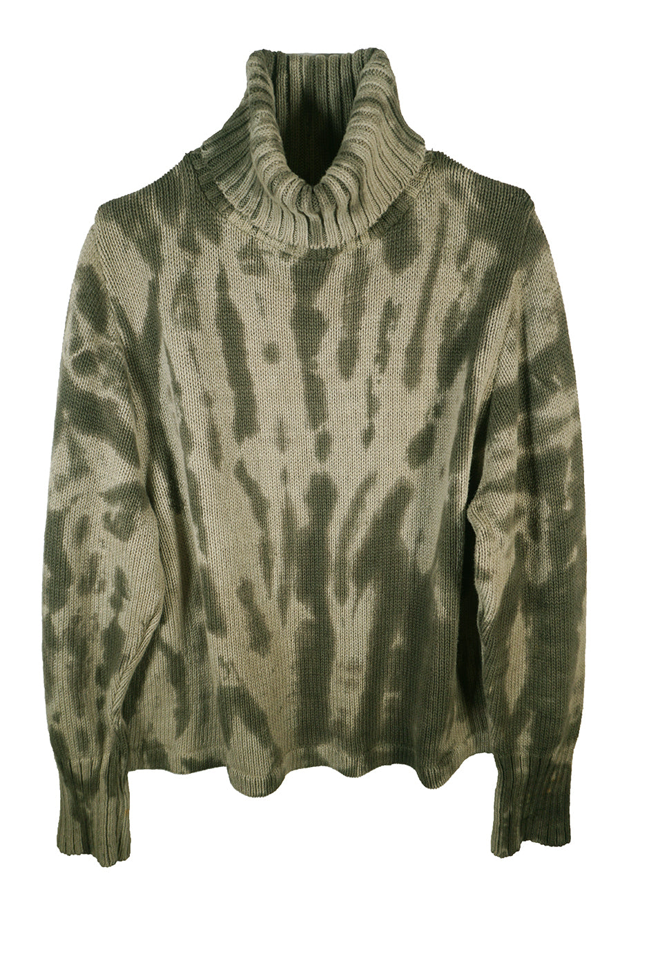 Olive green Revival turtleneck sweater for women by Paneros Clothing. Handmade Tie-Dye Upcycled from sustainable cotton. Ghost mannequin View.