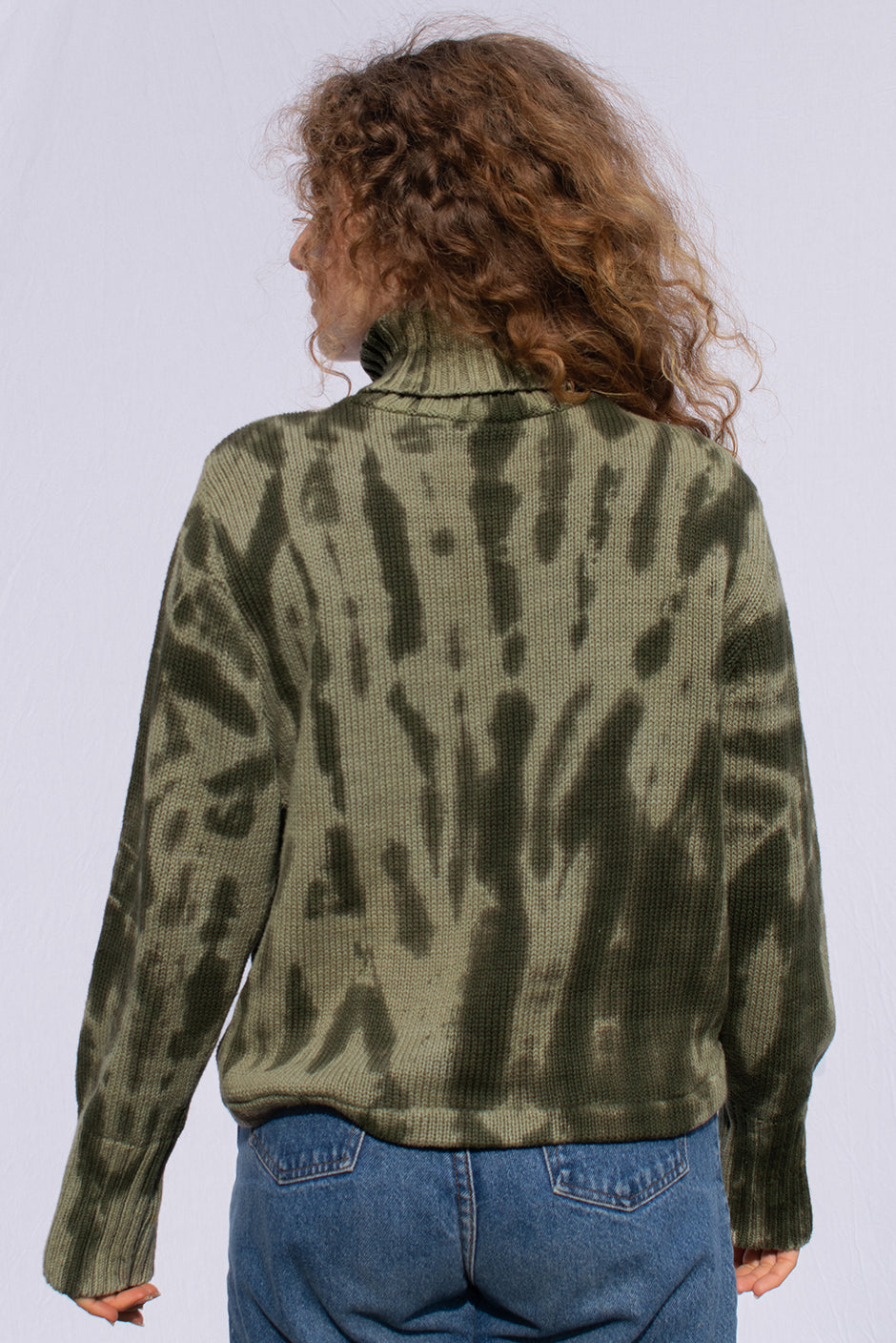 Olive Revival turtleneck sweater for women by Paneros Clothing. Handmade Tie-Dye Upcycled from sustainable cotton. Back View.