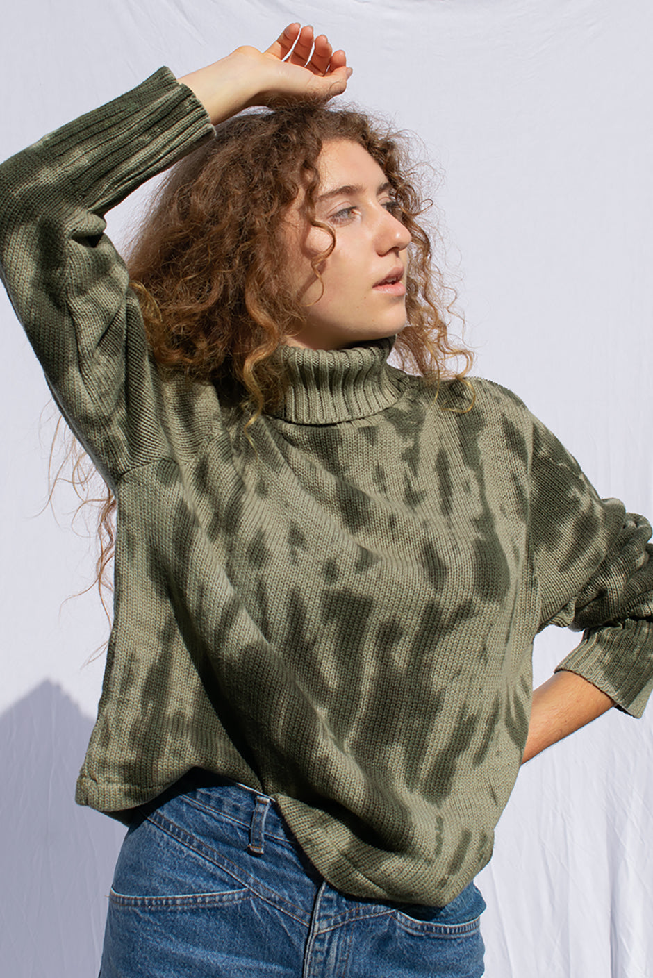 Olive Revival turtleneck sweater for women by Paneros Clothing. Handmade Tie-Dye Upcycled from sustainable cotton. Front View.
