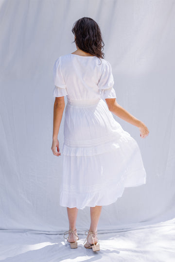 white fashion dress for ladies Iopqo White Dress Women Women's 2023 Summer Casual Flutter Short Sleeve V Neck Smocked Elastic Waist Tiered Midi Dress Casual Dresses For Women Summer