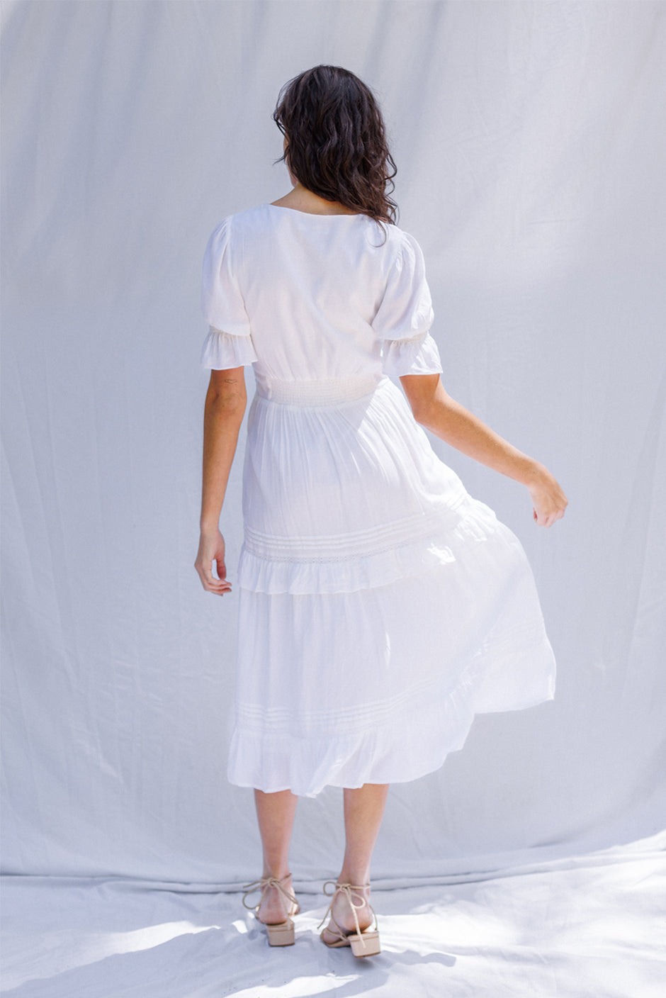 Paneros Clothing - Sustainable Fashion Ethical Designer White Midi Dress for Women - Embroidery Back View.