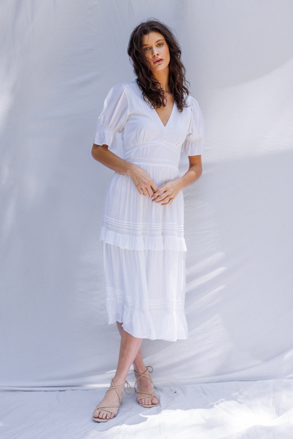 Paneros Clothing - Sustainable Fashion Ethical Designer White Midi Dress for Women - Front View.