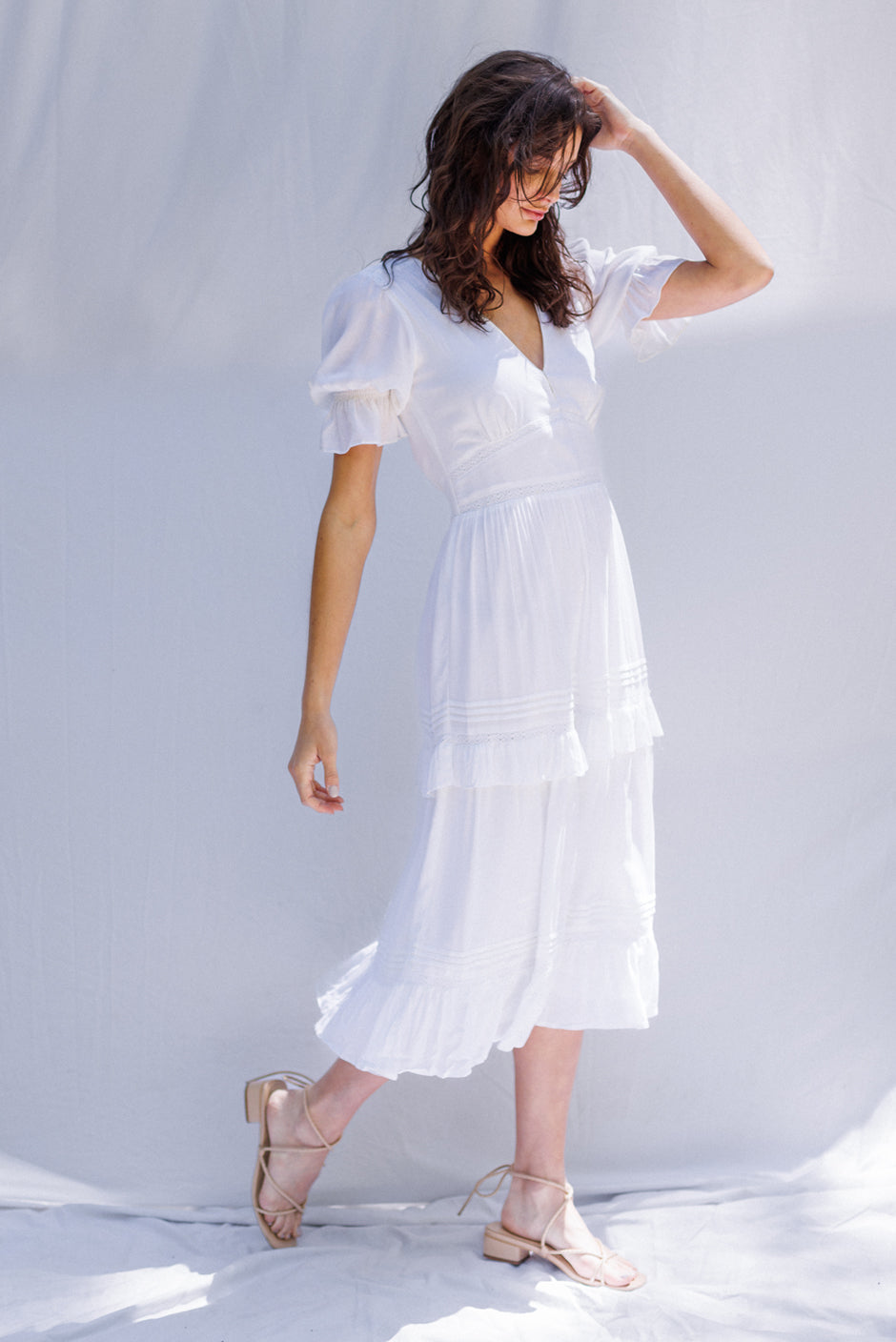 Paneros Clothing - Sustainable Fashion Ethical Designer White Midi Dress for Women - Side View.