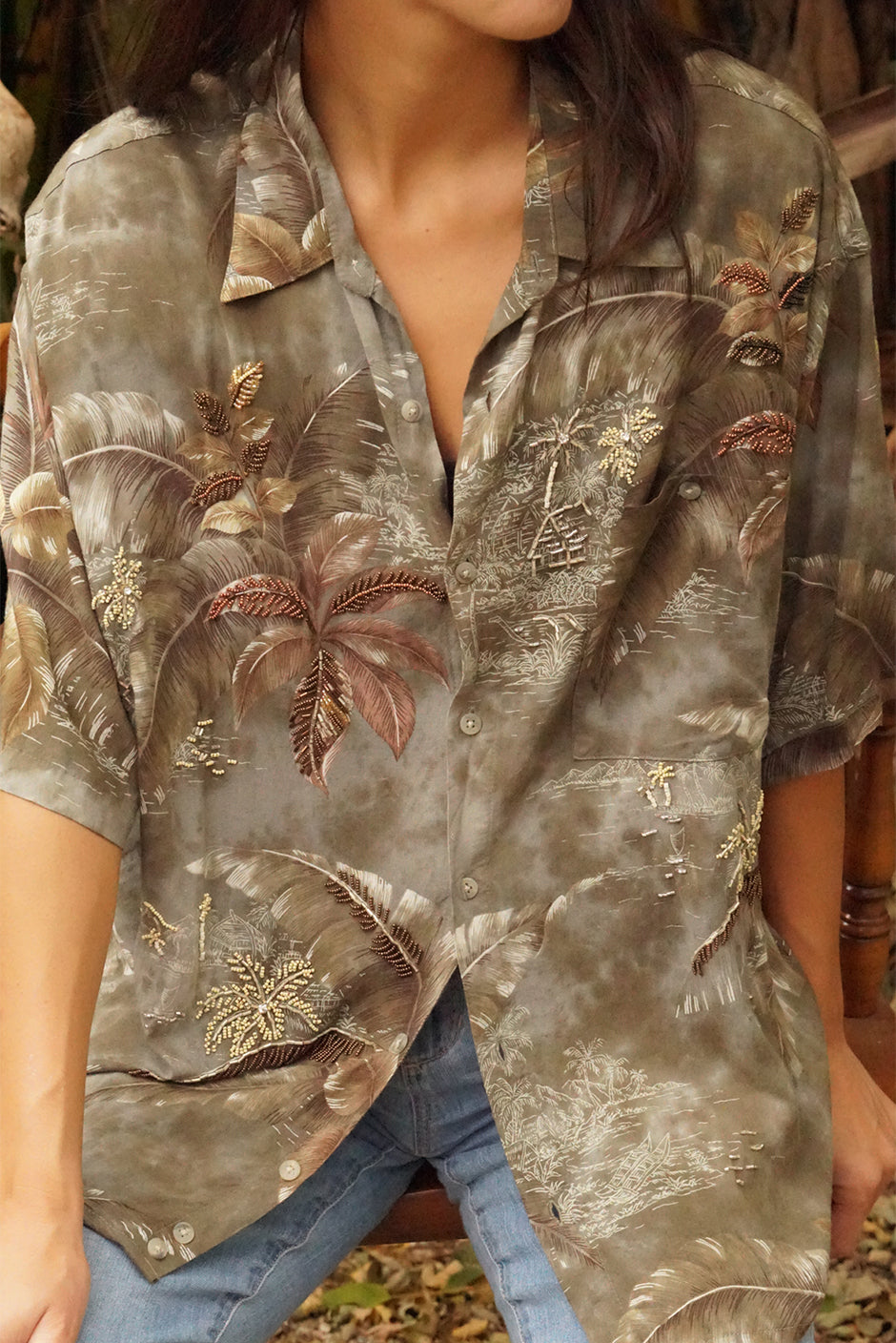 One of a kind handmade embellished Tie Dye Kai aloha shirt by Paneros Clothing. Hawaiian Kai Shirt // Beaded Jungle Tie Dye, Size L. View 1