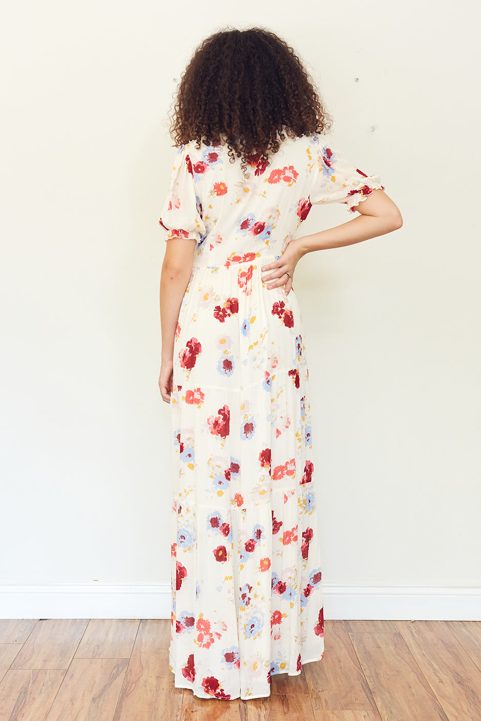 Clarence Maxi Dress in Prairie Bloom print back view by Paneros Clothing. Handmade from deadstock rayon.