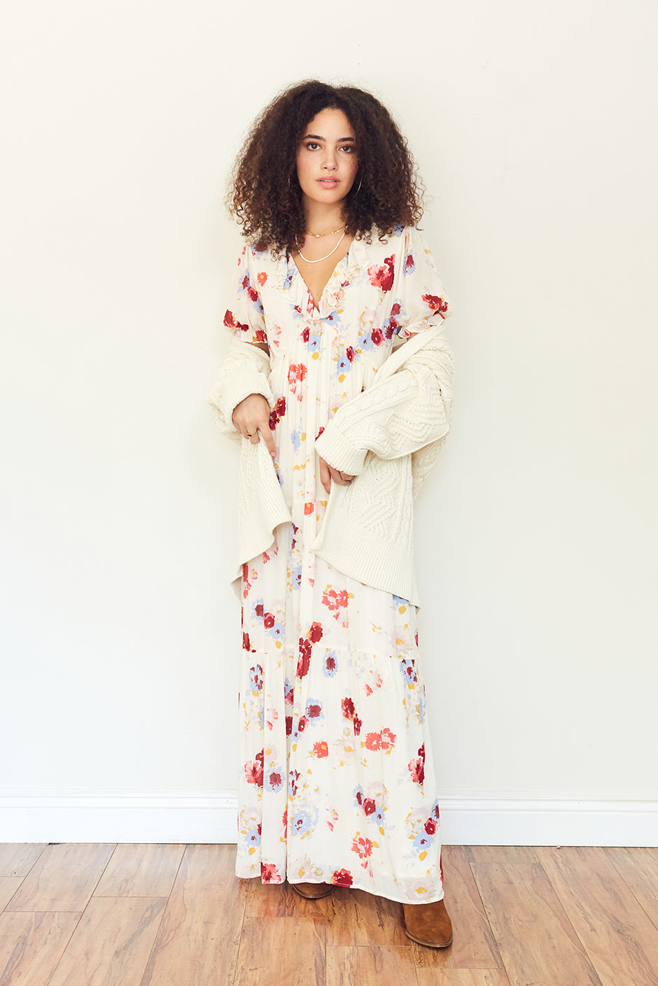 Clarence Maxi Dress in Prairie Bloom print front view by Paneros Clothing. Handmade from deadstock rayon.